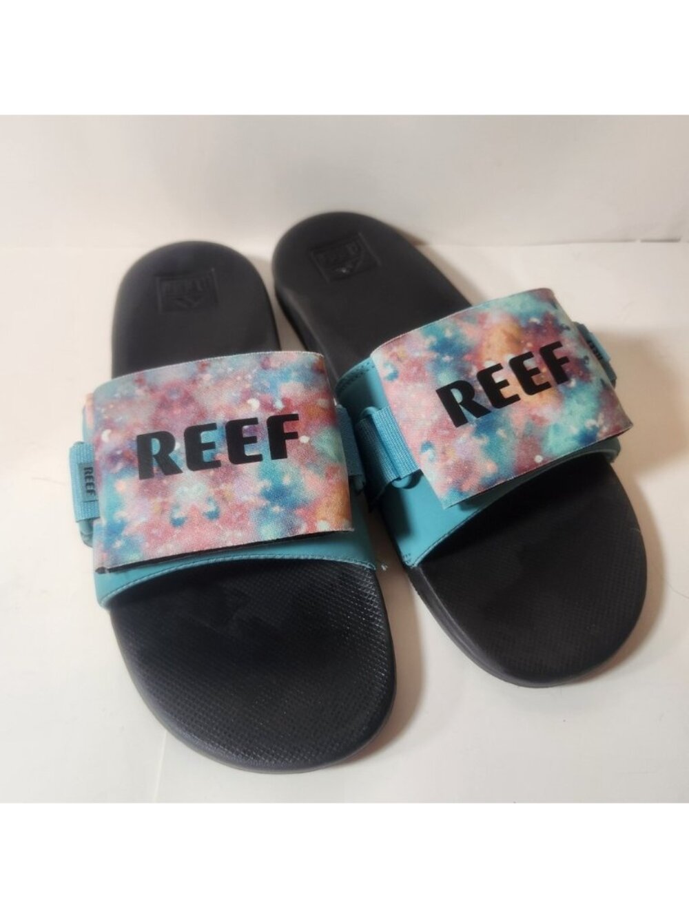 Reef‎ Stash Slide Sandals Galaxy Tie Dye Teal Black Mens Pocket Strap
